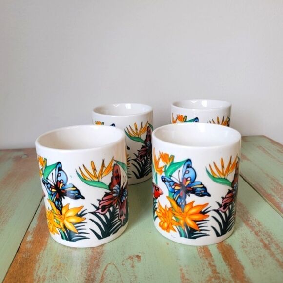 Vintage Butterfly & Flora Panstone Tropical Ceramic Set of 4 Coffee Mugs - Picture 14 of 15